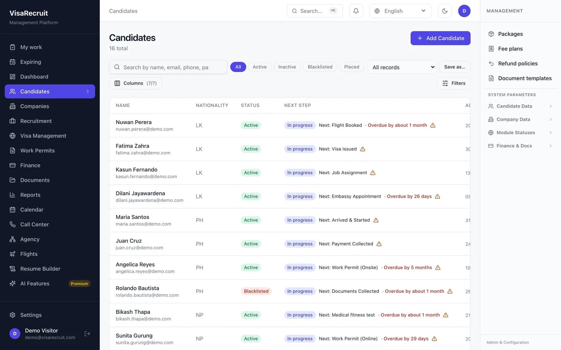 The VisaRecruit candidate list, with each candidate's next step